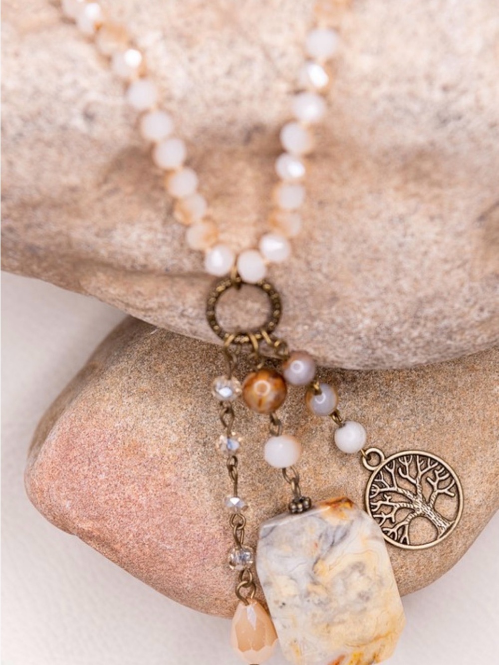 Beige and Cream Agate Bead Necklace with Tree of Life Pendant